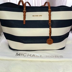 Michael Kors Jet Set Navy and White Srripped Tote